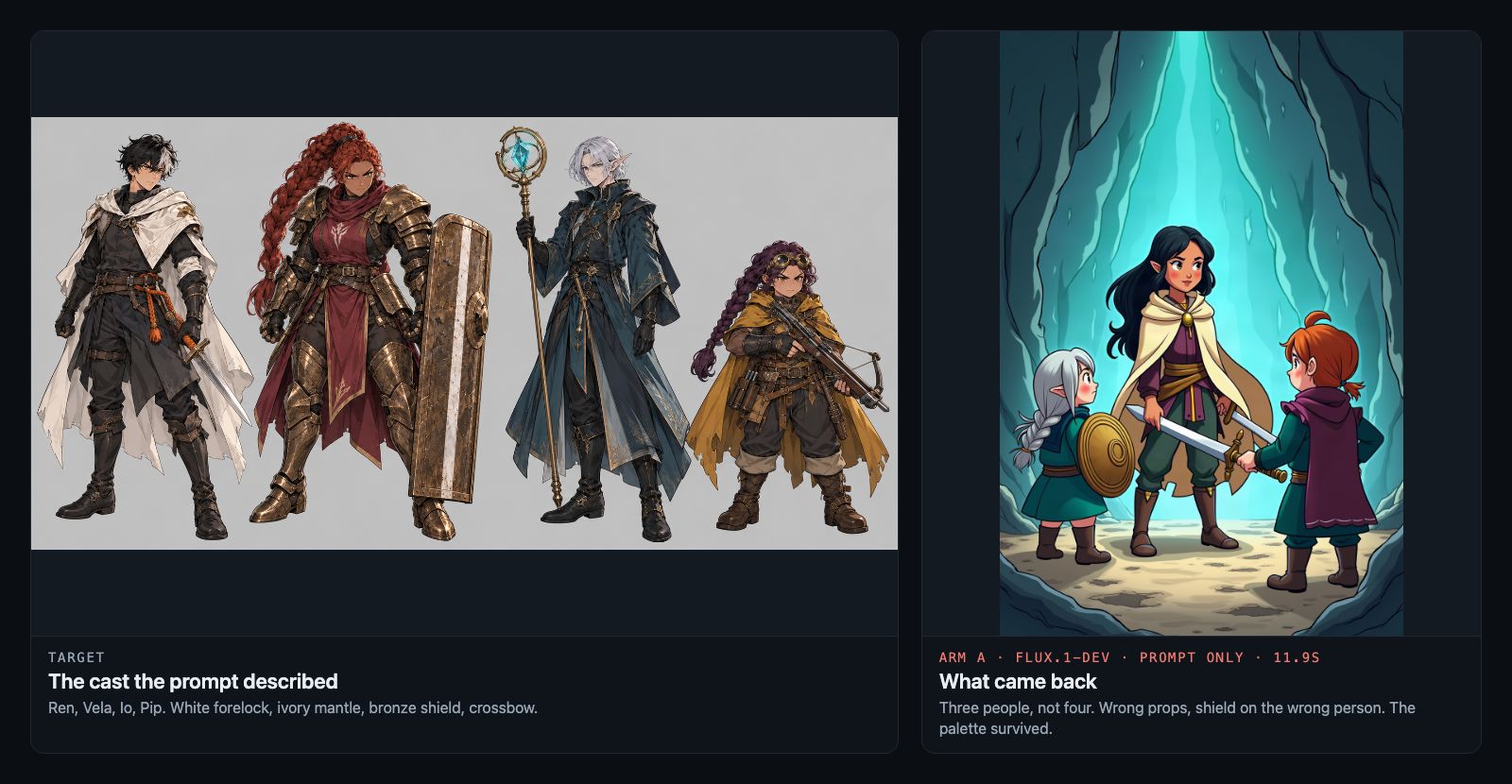 Left: a polished anime lineup of four characters, Ren, Vela, Io and Pip, with distinct costumes and props. Right: a generic cartoon image of three characters in a cave with swapped props, generated from a prompt only.