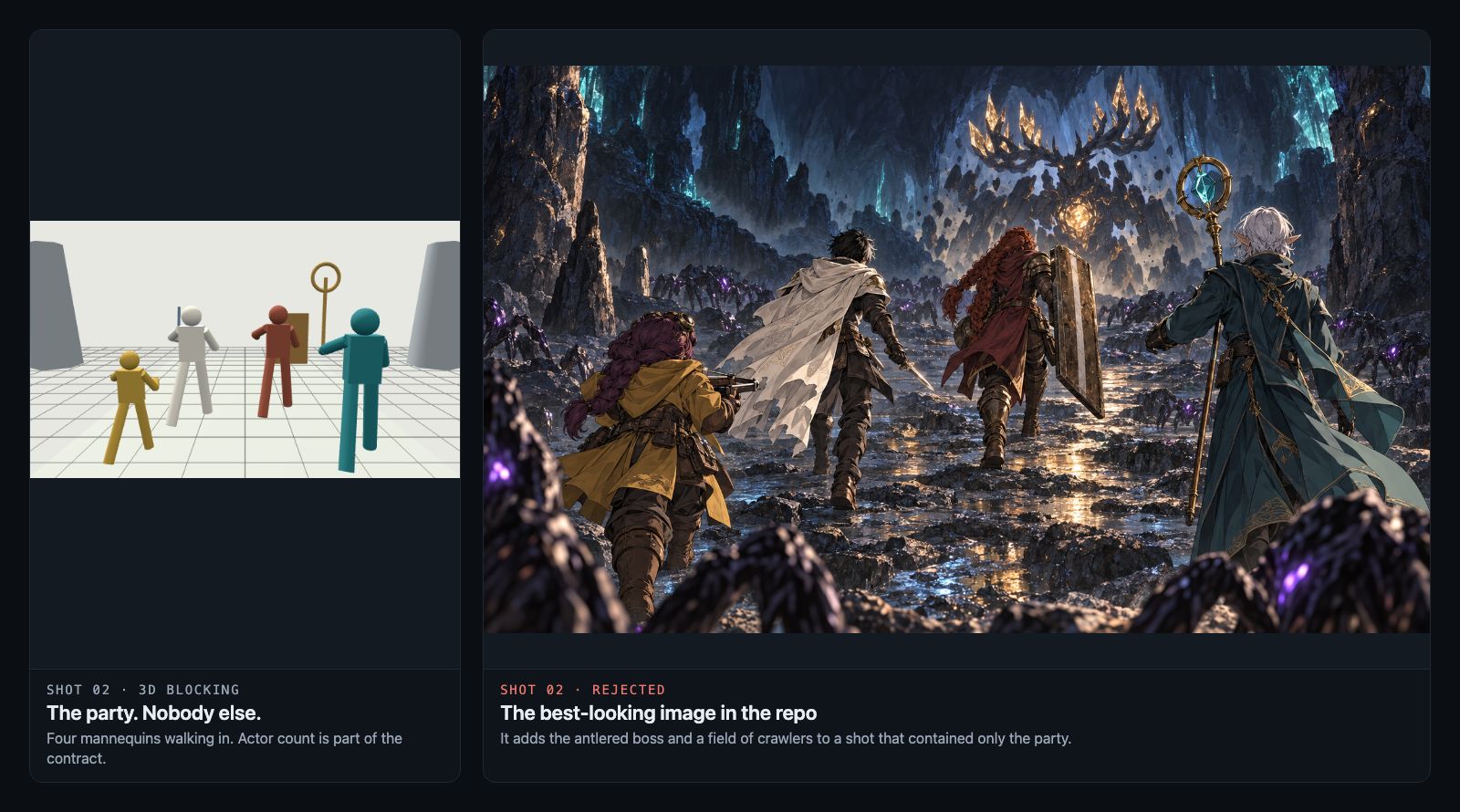 Left: 3D blocking for shot 2 with four simple mannequins walking toward cave columns. Right: a lush anime illustration of the same party facing an antlered golem and dozens of crawlers.